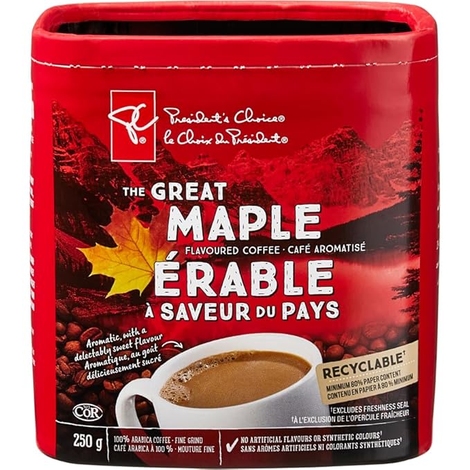 President's Choice The Great Canadian Maple Flavored Coffee 250g/8.75 oz. Box (Medium Light Roast Ground Maple 100% Arabica Imported from Canada)