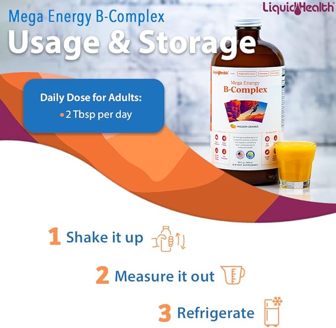 LIQUIDHEALTH Mega Energy Methylated B-Complex Adult Liquid Vitamin Supplement - Increase Energy Relieve Stress &amp Fatigue Immune Support Heart &amp Gut Health - Made in USA Vegan Sugar-Free