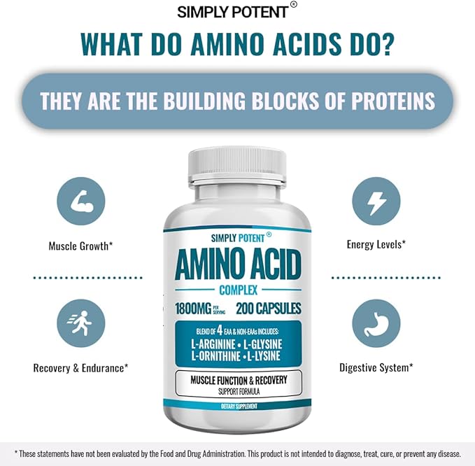 Simply Potent Amino Acid Complex 1800mg 200 Capsules Blend of 4 Essential and Non Essential Amino Acids Includes L-Arginine 550mg L-Ornithine 500mg L-Glysine 400mg &amp L-Lysine 350mg for Muscle