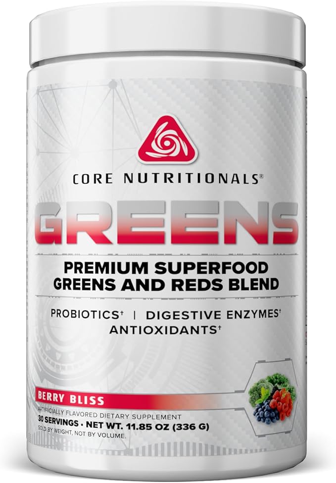 Core Nutritionals Greens | Premium Superfood Reds &amp Greens Blend | 5 Billion CFU Probiotics Digestive Enzymes &amp Antioxidants | 30 Servings (Berry Bliss)