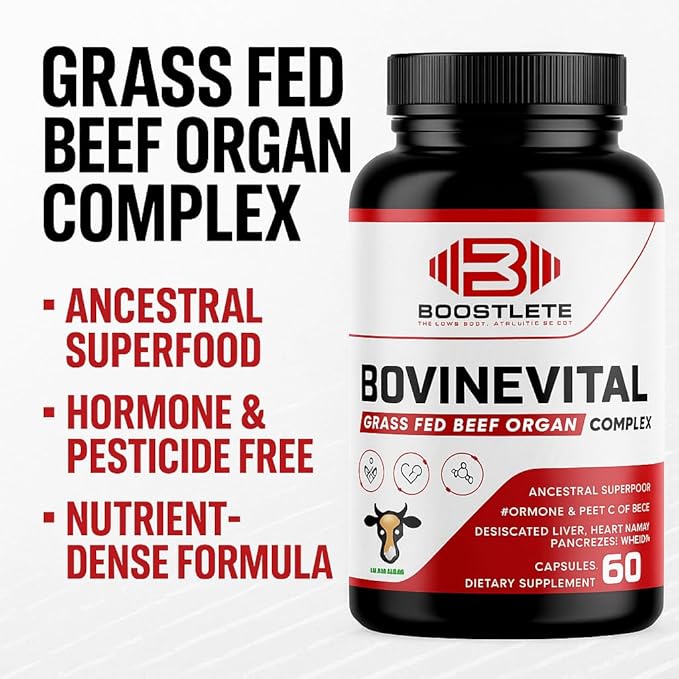 BovineVital Grass-Fed Beef Organ Supplement - Liver Heart Kidney Pancreas &amp Spleen – Natural Energy Digestion Immune &amp Cognitive Support – Non-GMO Hormone-Free – 120 Capsules