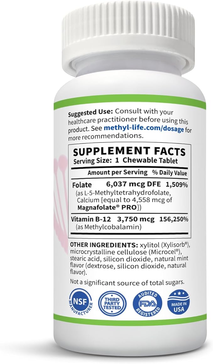 Methyl-Life® B-Methylated Chewable – 3 mg L-Methylfolate + Methyl B12 Sublingual Tablets (Methylcobalamin) | Active Folate &amp Vitamin B12 | Vegan Non-GMO Gluten-Free