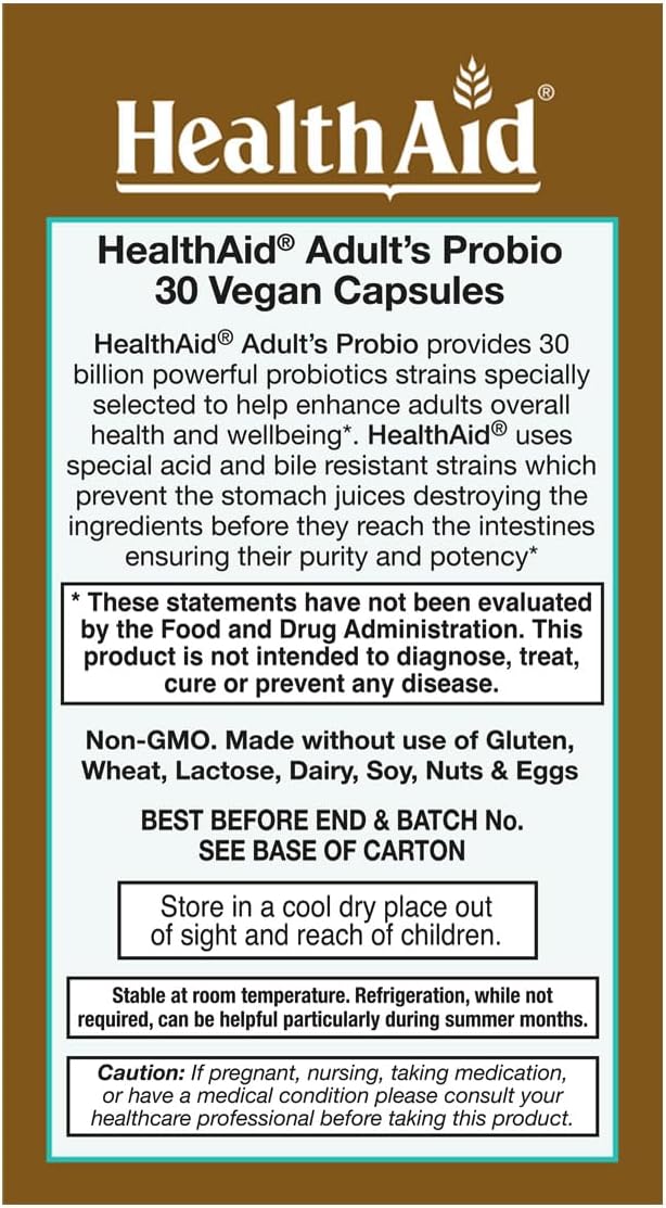 HealthAid AdultsProbio 30 Billion 10 Strains Once Daily 30ct 30 Billion with Prebiotic Acid &amp Bile Resistant Strains Dairy &amp Gluten Free Vegan