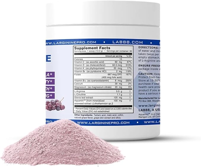 L-ARGININE PRO | 5500mg L-Arginine Plus L-Citrulline 1100mg Grape Powder Drink Mix Supplement for Increased Nitric Oxide Production