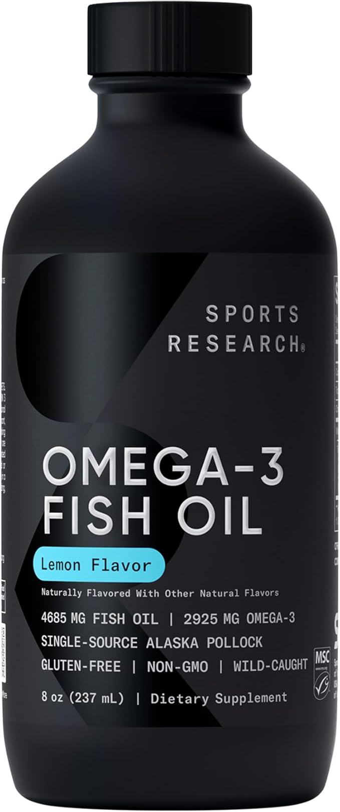 Sports Research® Omega-3 Fish Oil 8oz Glass Bottle - 4685mg of Wild Caught Alaska Pollock Fish Oil per Serving - Easy-to-Take Liquid · Lemon Flavor · Non-GMO · MSC Certified Sustainable - 48 Servings