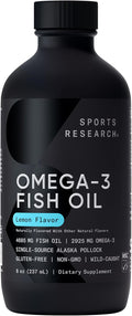Sports Research® Omega-3 Fish Oil 8oz Glass Bottle - 4685mg of Wild Caught Alaska Pollock Fish Oil per Serving - Easy-to-Take Liquid · Lemon Flavor · Non-GMO · MSC Certified Sustainable - 48 Servings