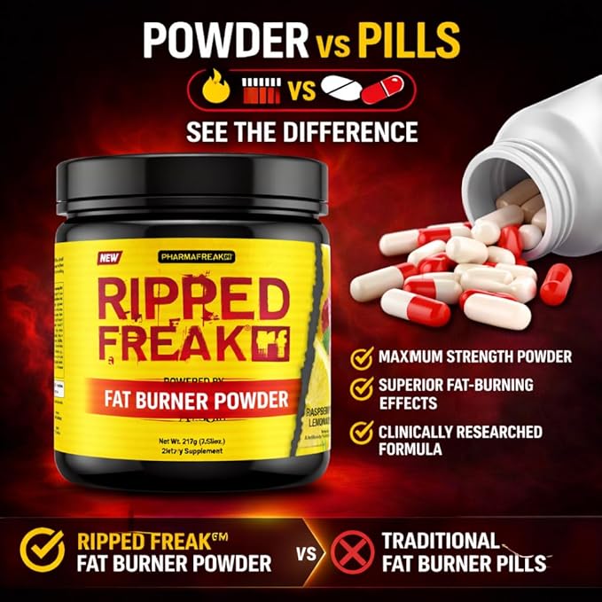 Pharmafreak Ripped Freak Fat Burner Powder – Maximum Strength Thermogenic Formula for Men &amp Women | Energy Focus &amp Weight Loss Support | Raspberry Lemonade | 217g