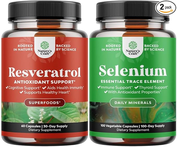Bundle of Anti Aging Trans Resveratrol and Pure Selenium Thyroid Support Supplement - Natural Joint Support Supplement - Natural Immune Booster for Adults