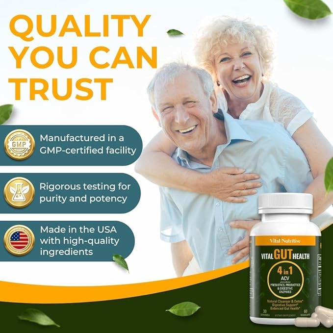 Vital Gut Health 4in1 Formula with Apple Cider Vinegar Prebiotics &amp Probiotics Digestive Enzymes for Strong Immunity Support and Complete Gut and Digestion Support- 60 Days Supply