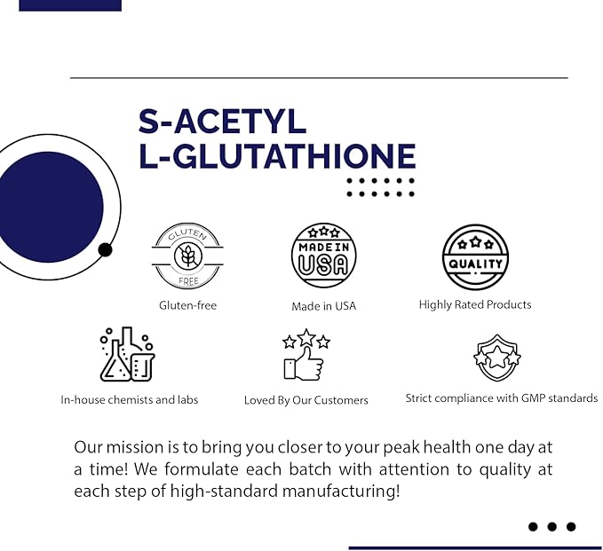 S-Acetyl L-Glutathione 95 mg 4 Oz Liquid 240 Servings Made in USA Quick Absorption Quality Potent Ingredients Non-GMO GMP Certified Cruelty-Free Products
