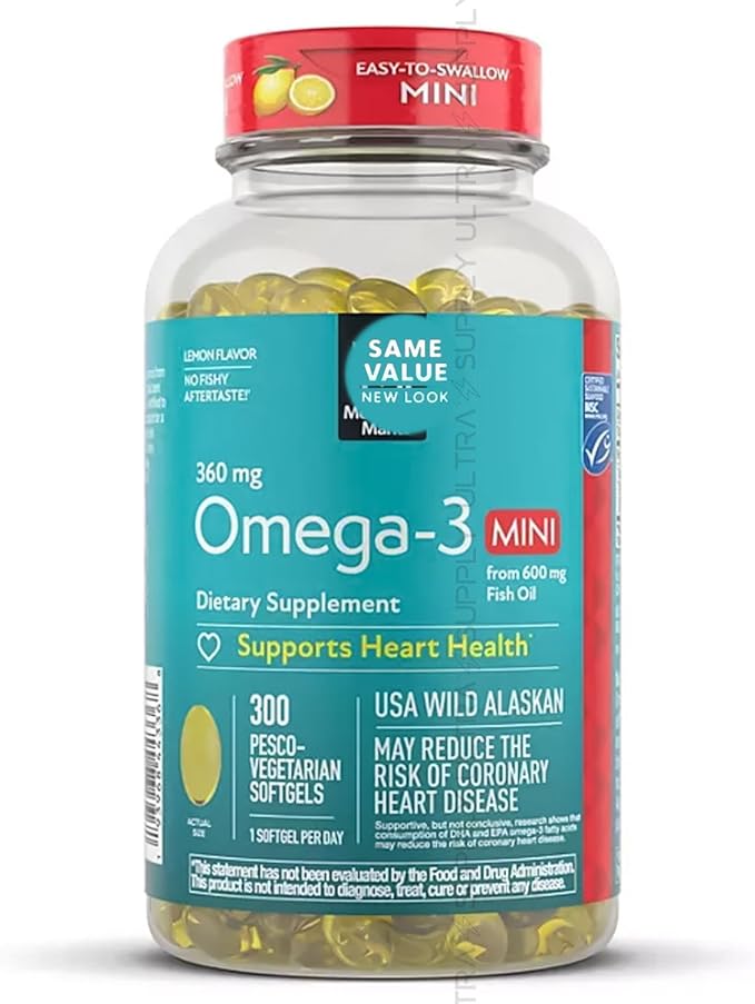 Members Mark Omega-3 Mini Softgels (300 Count.) 360mg – Easy-to-Swallow Fish Oil with DHA &amp EPA – Heart &amp Brain Support – No Fishy Aftertaste