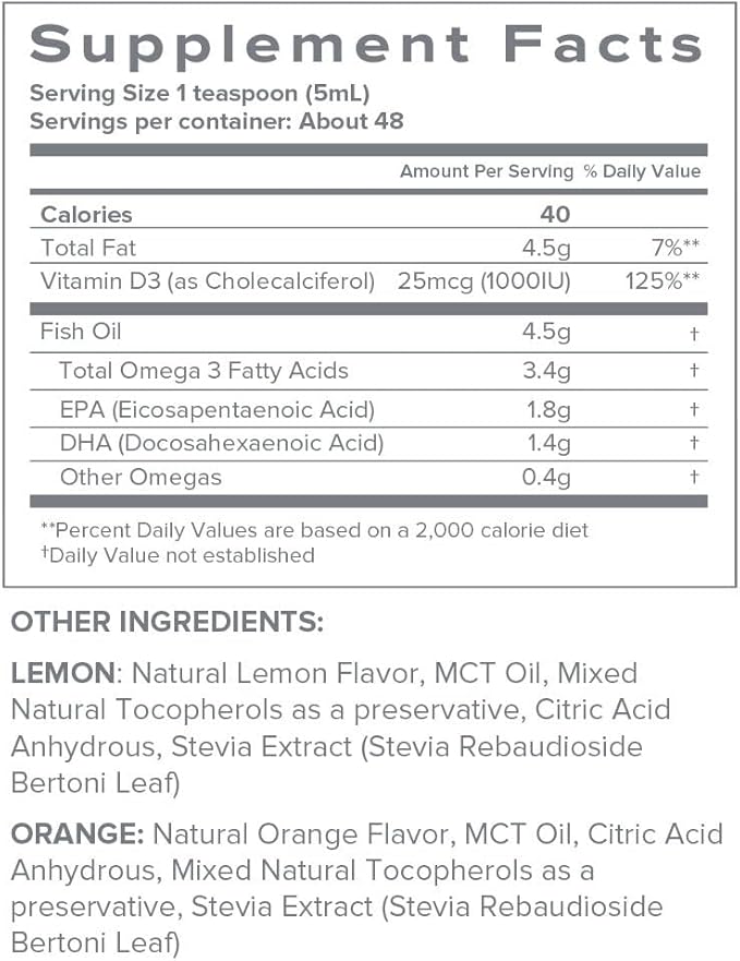 SFH Fish Oil 3400mg Omega 3 Liquid | Omega 3 Fish Oil Supplement with EPA DHA + Vitamin D3 1000 IU | Natural Orange Flavor | Wild Alaskan Pollock | 8 fl oz