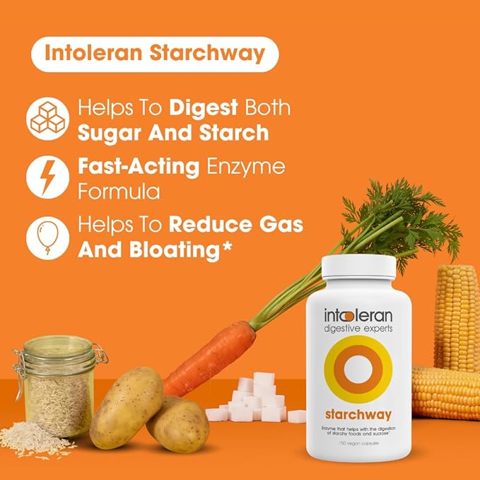 Intoleran Starchway Digestive Enzymes - 150 Capsules Supplement for Starch &amp Sucrose | Helps Digest Sugars &amp Starchy Foods | Invertase &amp Gluco-Amylase Enzymes | Pure &amp Vegan | Low FODM