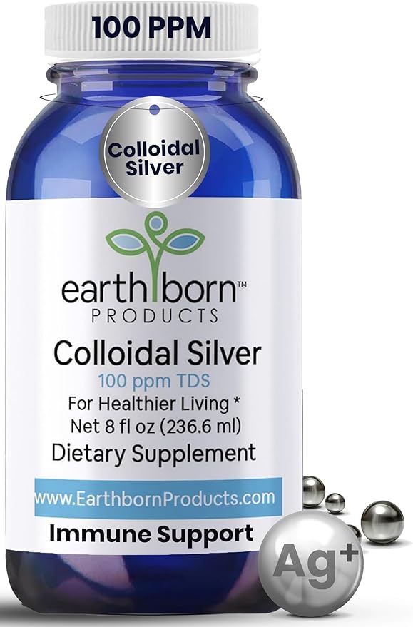 Earthborn Colloidal Silver Liquid (8oz) - 100PPM Pure Monatomic Silver Water - 99.9% Natural Nano Silver Liquid Supplement for Immune Support* Non-GMO Glass Bottle | Made in USA