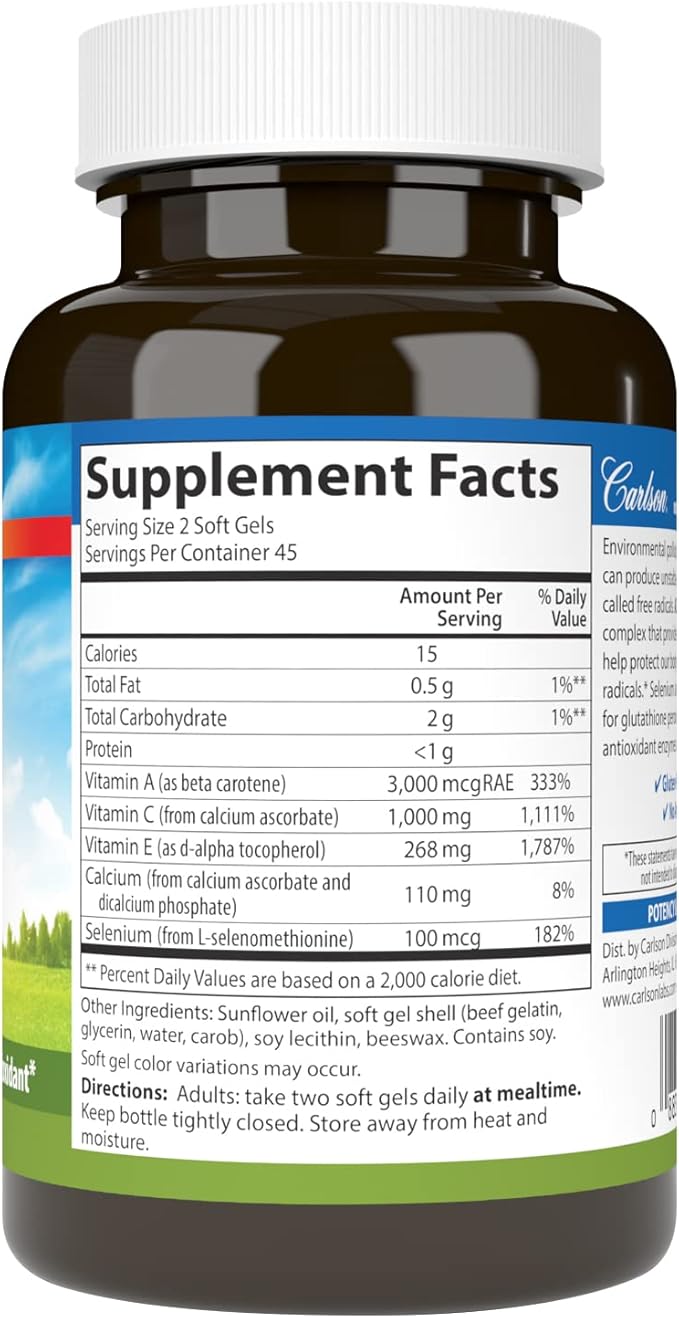Carlson - ACES Vitamins A C E + Selenium Cellular Health &amp Immune Support Antioxidant 90 Softgels