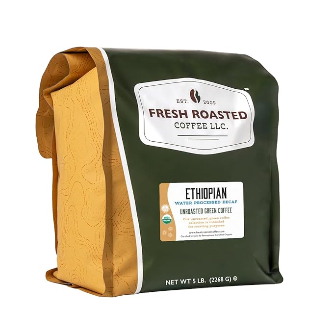 Fresh Roasted Coffee Unroasted Organic Ethiopian Sidamo Water-Processed Decaf | USDA Organic 100% Single Origin Kosher | 5 Pound