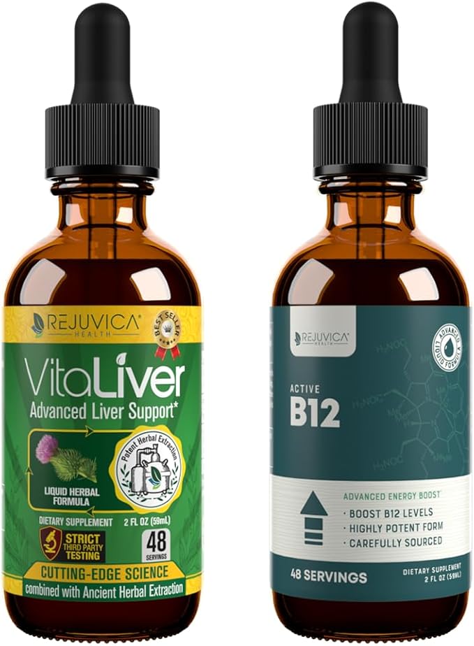 Rejuvica Health Vitaliver + Active B12 - Advanced Liver &amp B12 Support Bundle - Liquid Delivery for Better Absorption - Milk Thistle Chanca Piedra Artichoke Dandelion &amp More!