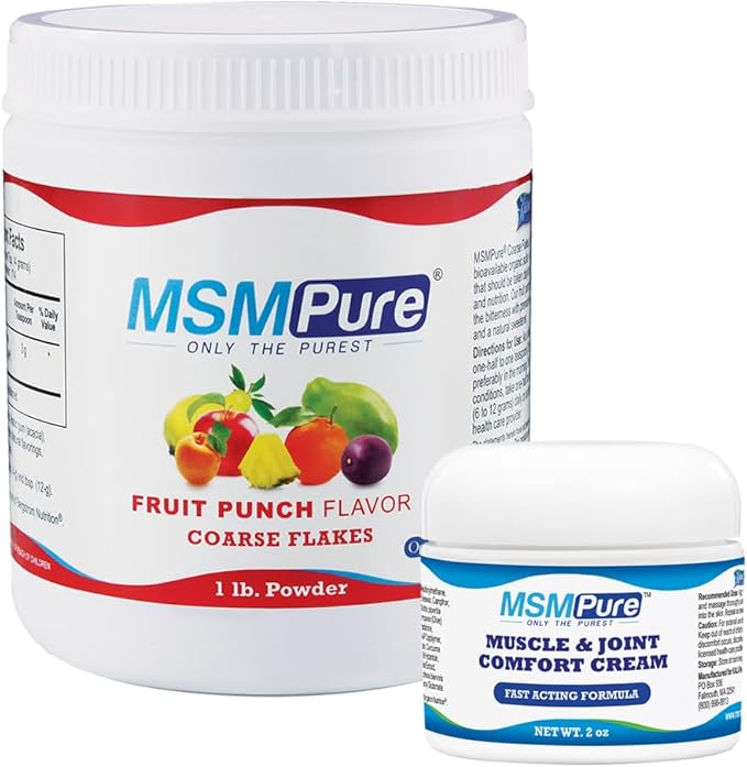 KALA HEALTH MSMPure Fruit Punch Flavored Coarse Flakes 1lb and Muscle &amp Joint Cream 2oz Bundle