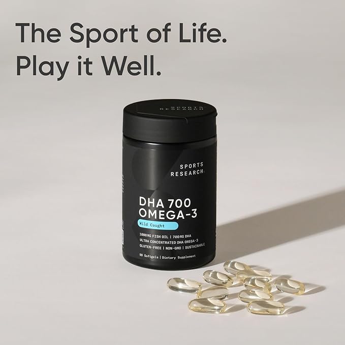 Sports Research® DHA Omega-3 Fish Oil 700mg – Single Source Wild-Caught Fish – Supports Brain Health* – Burpless Non-GMO Gluten-Free Sustainably Sourced – 90 Softgels