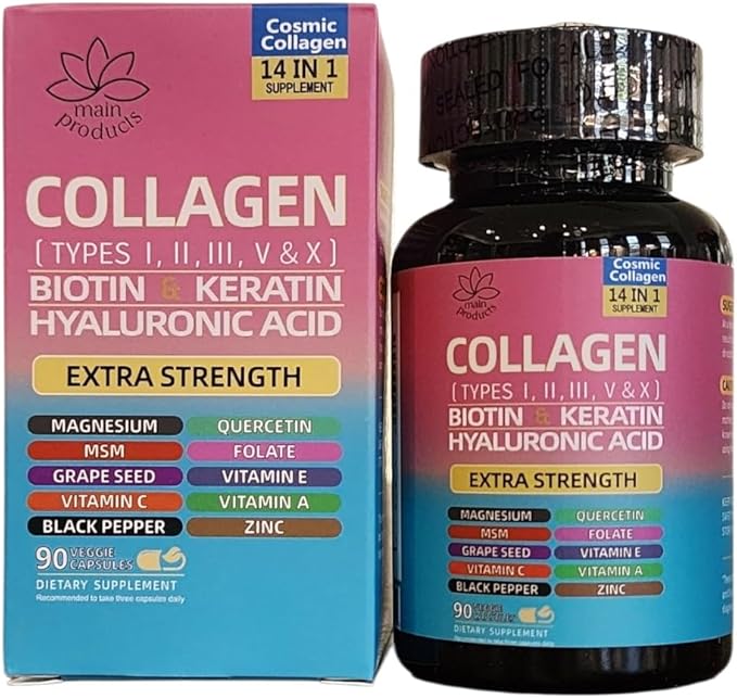 Collagen Peptides Types I II III V &amp X 64000 MCG 14 in 1 Biotin Keratin Hyaluronic Acid Magnesium MSM Grape Seed Vitamin A C &amp E Black Pepper Quercetin Folate Zinc (90 Veggie C