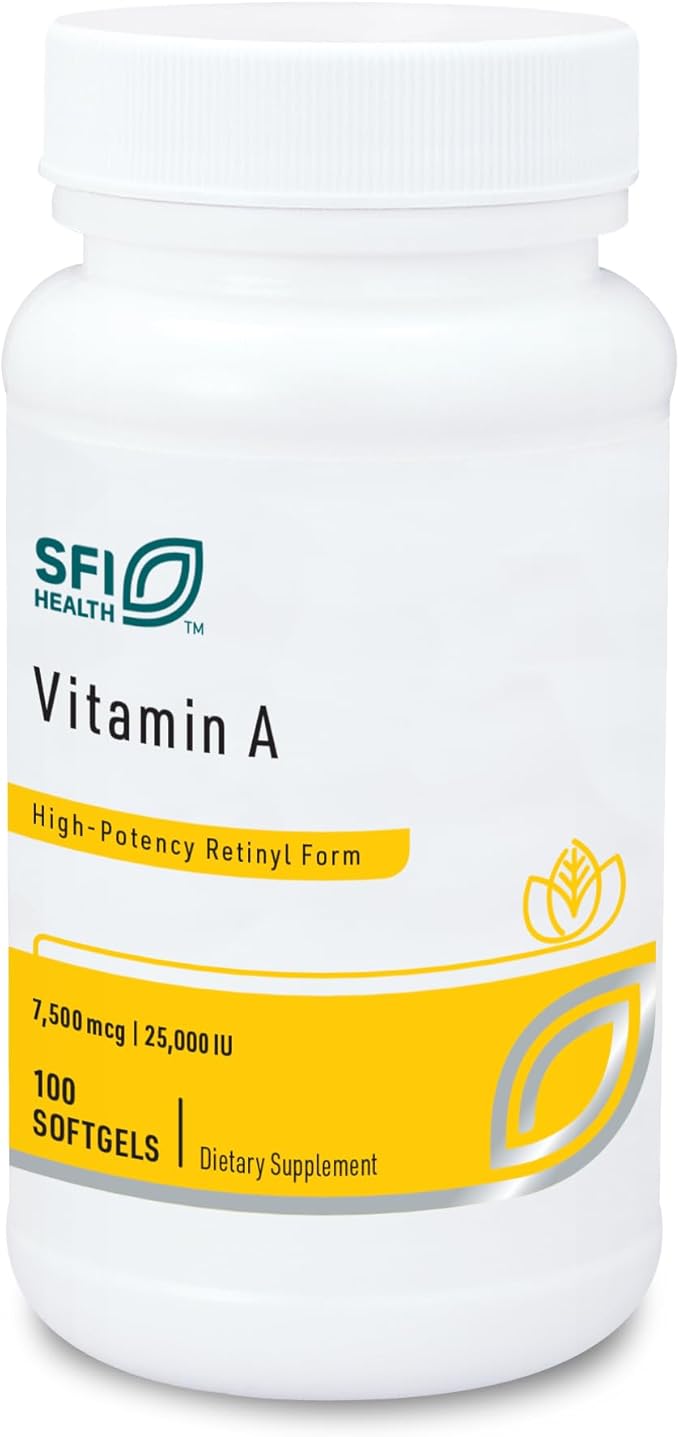 Klaire Labs SFI Health Vitamin A - High Potency 25000 IU Dose (7500mcg RAE) from Fish Liver Oil Preformed Retinol Form (100 Softgels)