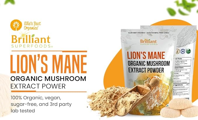 Ellie's Best Lions Mane Mushroom Extract Powder Supplement Organic 114 Servings - Double Extracted for Highest Potency - Dissolves in Coffee Tea Juice etc.4oz