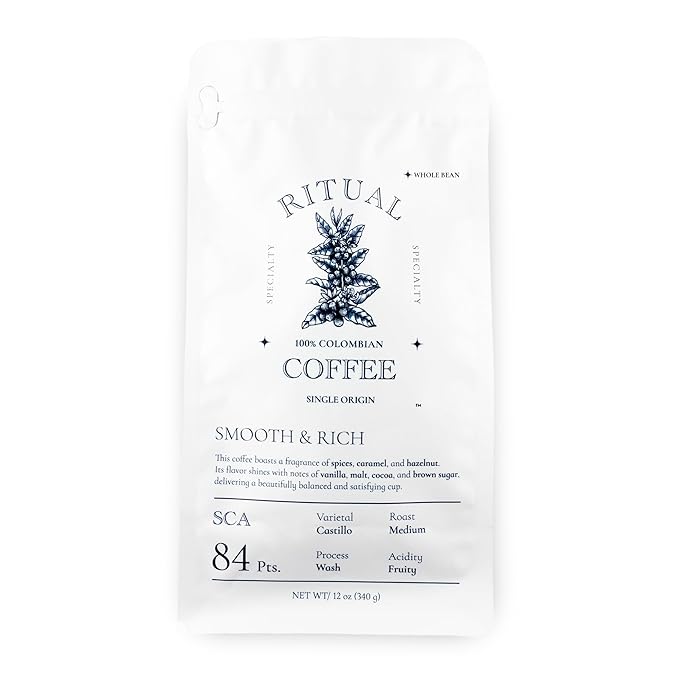 Ritual Specialty Coffee - Colombian Single Origin Whole Bean Coffee Low Acid Smooth &amp Rich SCA 84+ Score (Caramel Vanilla Cocoa) Medium Roast 12oz (340g) 100% Arabica Castillo Variety.