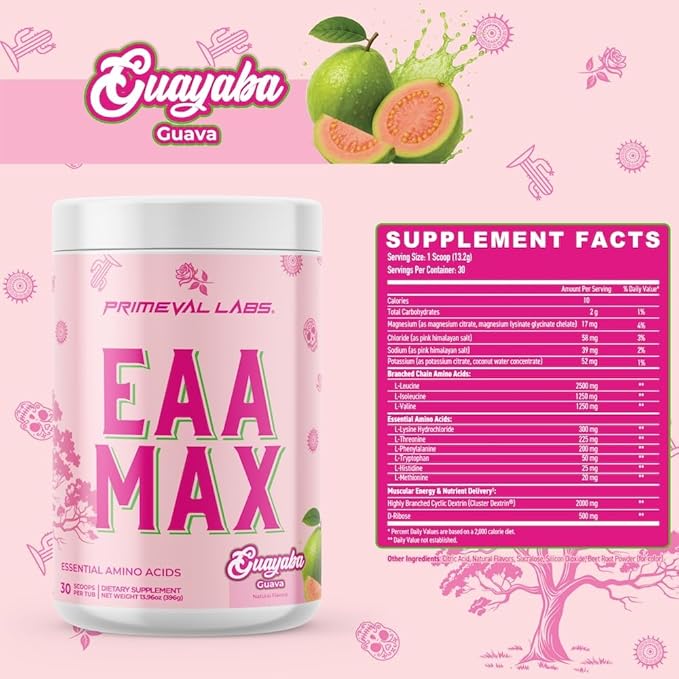 Primeval Labs EAA Max Energy | Pre or Post Workout Muscle Recovery | BCAAs EAAs Electrolytes | Supports Hydration &amp Performance | Keto Friendly | 30 Servings (Guayaba)