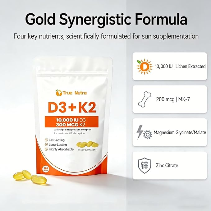 D3 K2Vitamin D3 K2 10000 IU Magnesium Supplement Non-GMO Gluten-FreeEnhance Energy300 Coconut Oil Softgels (1PCS)