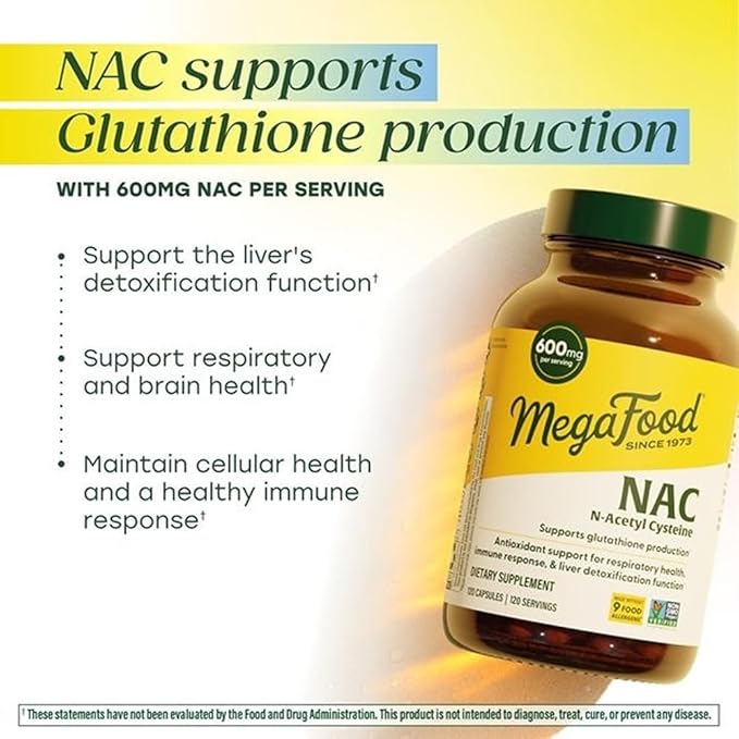 MegaFood NAC Supplement N-Acetyl Cysteine 600mg Per Serving - Promotes Production of Glutathione - Liver Support &amp Immune Support Supplement - Vegan Non GMO - 120 Capsules 120 Servings