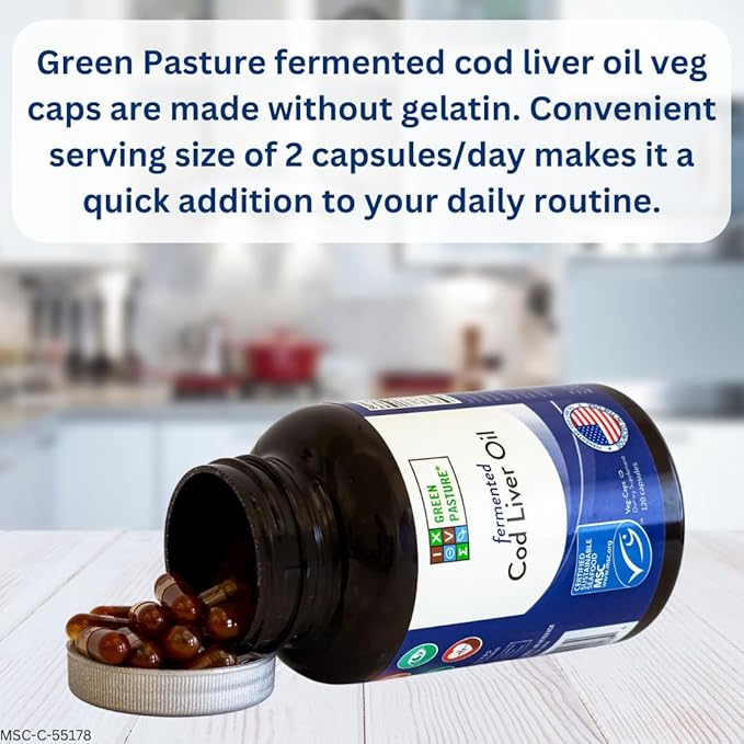 Green Pasture Fermented Cod Liver Oil Capsules - Wild Alaska Cod Vitamins A &amp D Omega-3 Non-Gelatin 120 Count