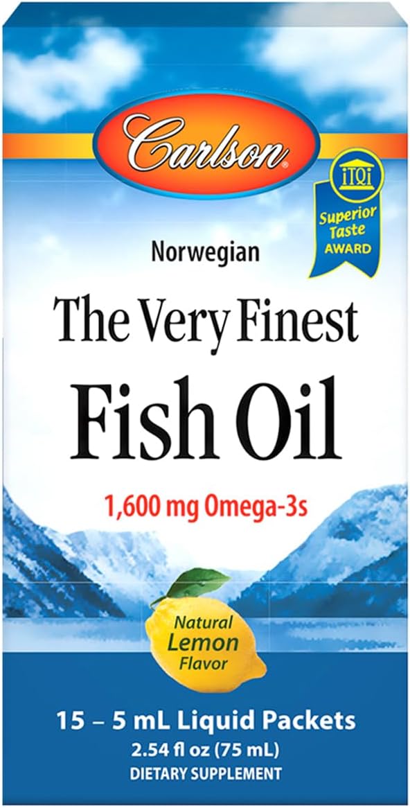Carlson - The Very Finest Fish Oil Grab + Go Packets Single-Serving 1600 mg Omega-3s Norwegian Wild Caught Sustainably Sourced Box of 15 Packets 5 mL Each
