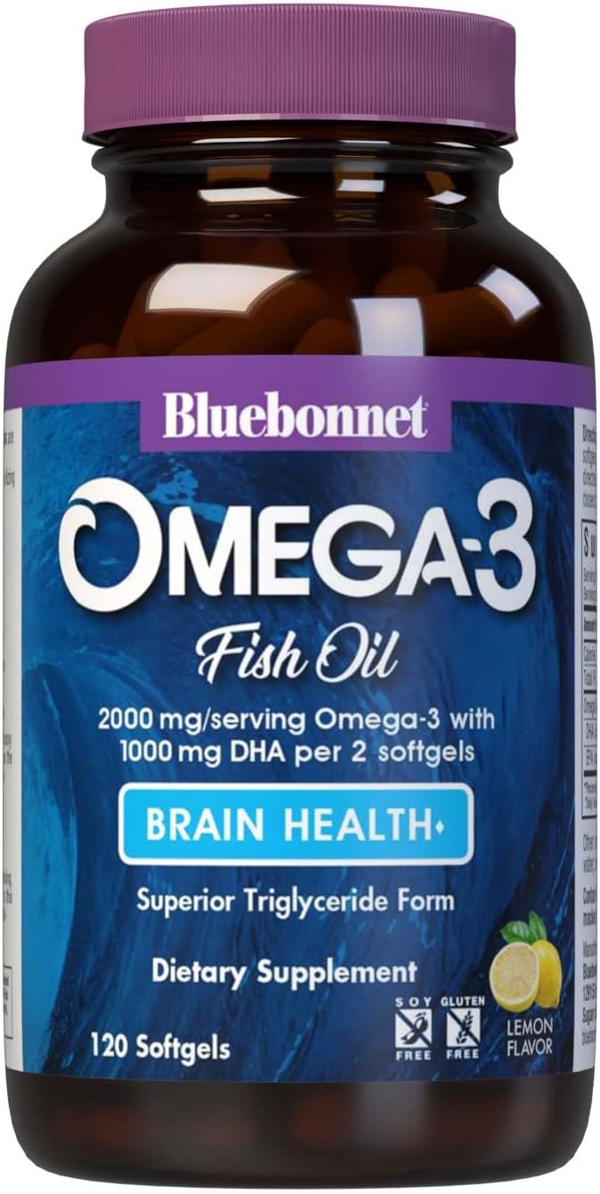 BlueBonnet Nutrition Omega-3 Brain Formula Natural Wild Caught Triglyceride Form DHA 1000 mg EPA 210 mg Highly Concentrated Cognitive Health &amp Wellness Support Supplement Gluten-Free Softgel Ye