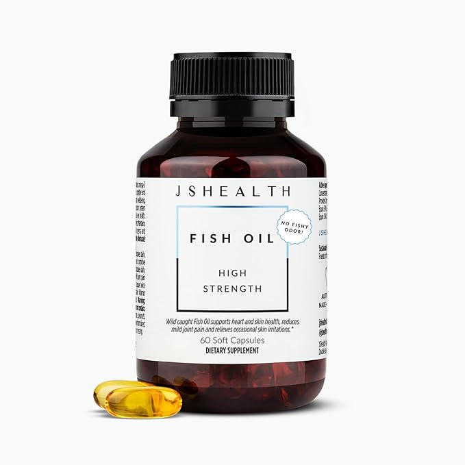 JSHealth High Strength Fish Oil. 900mg Omega-3 per Capsule with 540mg EPA and 360mg DHA. Wild-Caught Friend of the Sea Certified Vanilla Coated. No Fishy Aftertaste (60 Capsules)