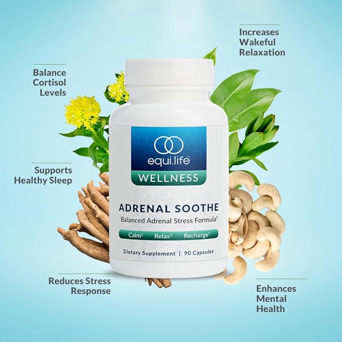 Equilife Herbal Adrenal Support Supplement with Ashwagandha and L-Theanine Designed for Daily Overall Wellness Supplements for Men &amp Women Gluten Free Vegan Dairy Free Non GMO 90 Capsules