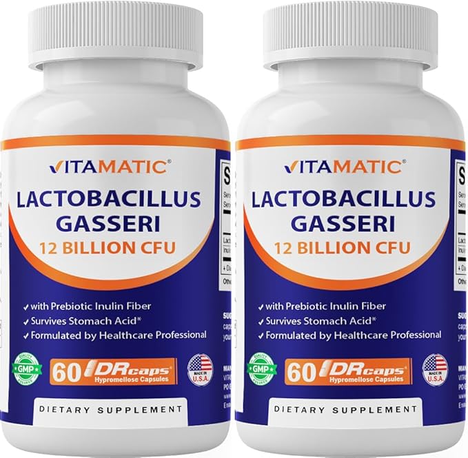 Vitamatic Lactobacillus Gasseri - 12 Billion per DR Capsule - 60 Count - Digestive Support - Made with Prebiotic Inulin Fiber- 2 Pack