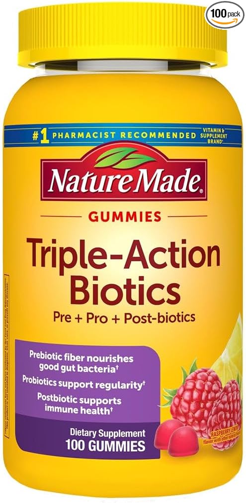 Nature Made Triple Action Biotic Gummy 100 Gummies Combined Prebiotic Probiotic and PostBiotic 50 Day Supply