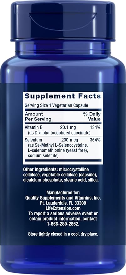 Life Extension Super Selenium Complex 200 mcg &amp Vitamin E 100 Veg Caps (Pack of 2)