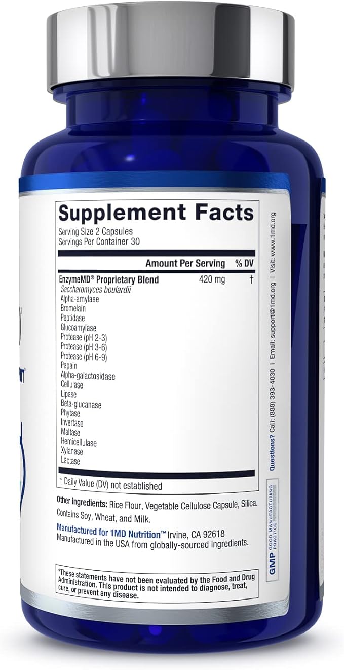 1MD Nutrition EnzymeMD - Digestive Enzymes Supplement - Doctor Formulated | 18 Plant-Based Enzymes - Gas &amp Bloating Support | 60 Capsules