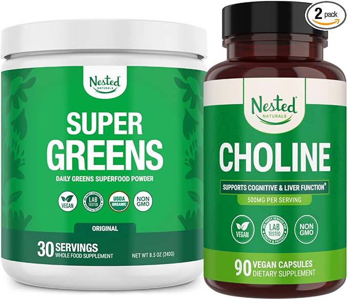 Nested Naturals Super Greens &amp Choline Bundle | Superfood Powder with Probiotics &amp Fiber &amp Choline Bitartrate for Cognitive Function &amp Clean Energy