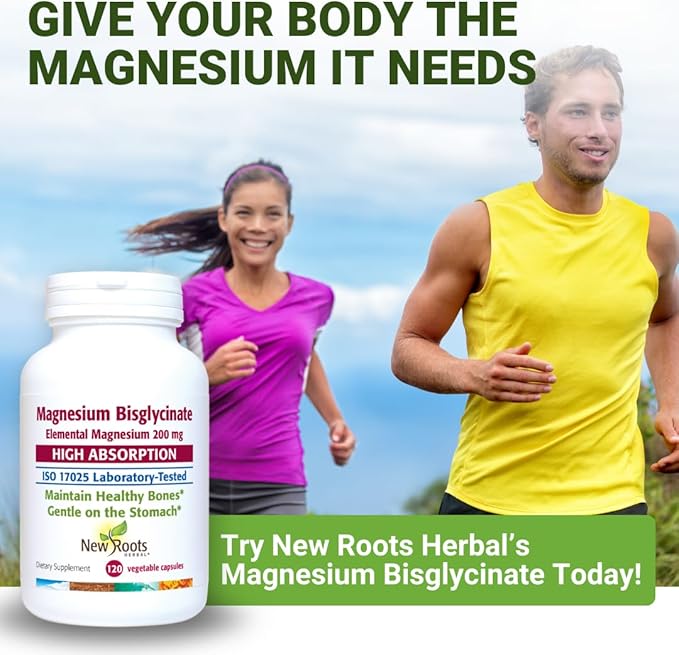 New Roots Herbal Magnesium Bisglycinate 120 Capsules 120-Day Supply - 200mg Elemental Magnesium for Sleep Heart Muscle Function Electrolyte Balance and Bone Health - Gentle on Stomach - Non-GMO