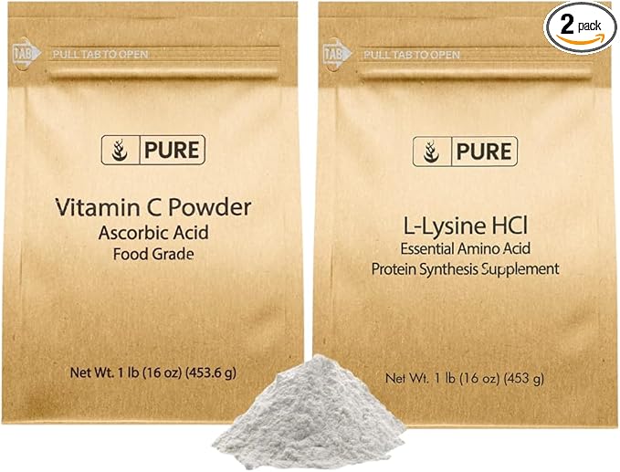 PURE ORIGINAL INGREDIENTS L-Lysine HCI and Vitamn C Powder Bundle 1 lb Each Non-GMO Gluten Free Dietary Supplements