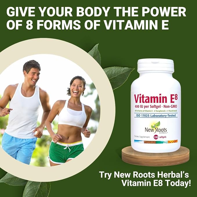 NEW ROOTS HERBAL Vitamin E 400 IU Capsules | Vitamin E8 Supplement (120 Softgels) with All 8 Types of Vitamin E | 4 Tocopherols &amp 4 Tocotrienols for Women &amp Men