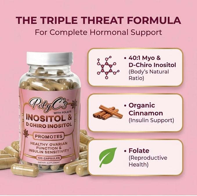 POLYC'S Inositol Supplement for Women - Myo-Inositol &amp D-Chiro Inositol Capsules 40:1 Ratio Hormone Balance Aid and Women's Menstrual Health Ovarian &amp Ovulation Support Vegan 120 Capsules