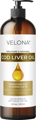 velona Cod Liver Oil - 16 Fl Oz | 1000A/100D IU/g Omega 3 Vitamins A &amp D3 | Norwegian Arctic Sustainably Sourced Nordic Oil | Hair Body and Skin Care | Use Today - Enjoy Results