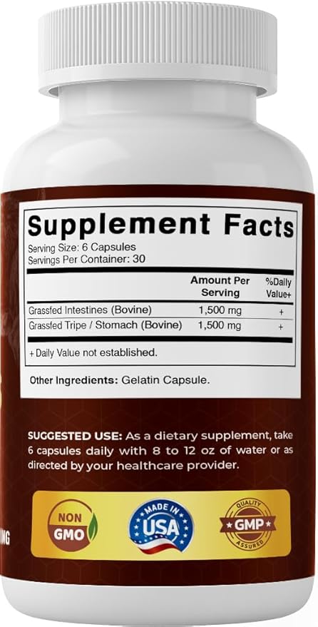 Vitamatic Grass-Fed Beef Intestines + Tripe/Stomach 180 Capsules – Freeze-Dried Non-GMO Bovine Liver Supplement – Pasture-Raised Glandular-Based Formula