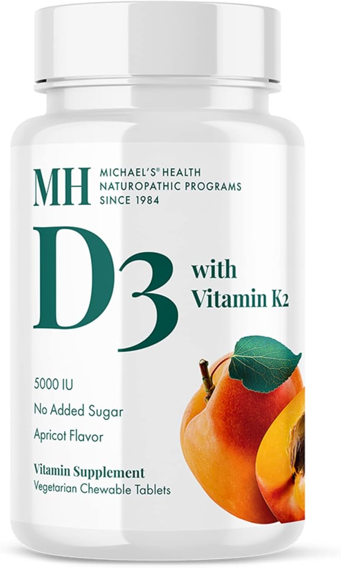 Michael's Health Naturopathic Programs Vitamin D3 with K2 - 90 Chewable Tablets - Apricot Flavor - Skeletal &amp Immune System Support - No Added Sugar - Vegetarian &amp Kosher - 90 Servings