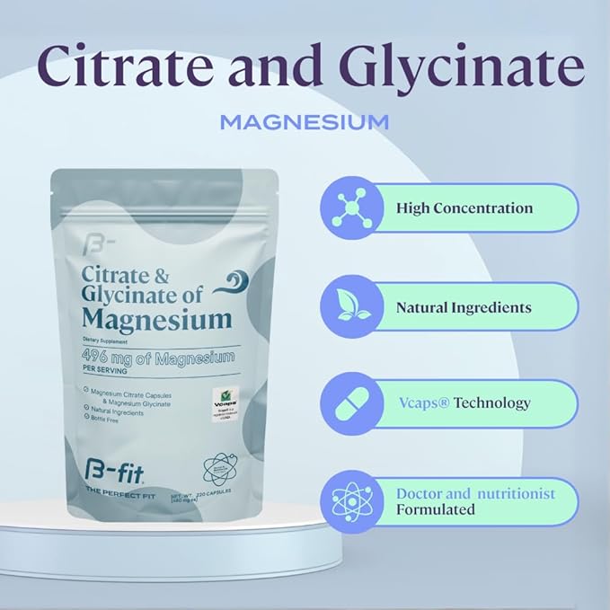 B-FIT B Magnesium Glycinate &amp Citrate - Supports Sleep and Muscle Recovery - Vegan - 496 mg -220 Capsules - 2 Month Supply