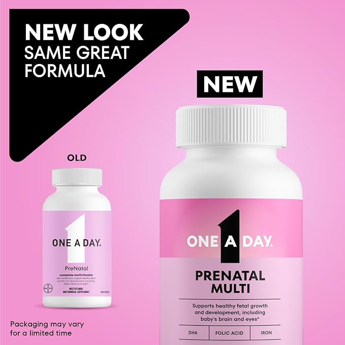 One A Day Prenatal Vitamins- Folic Acid Iron Omega- 3 (DHA) Pregnancy Vitamins for Women Prenatal Multivitamin for Mom and Baby Support Pregnancy Must Haves 90 Ct (Packaging May Vary)