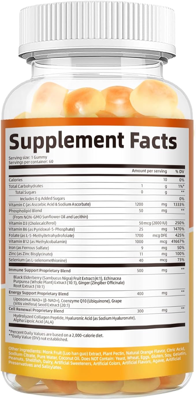 Liposomal Vitamin C Gummies for Adults 1200mg Chewable Vitamin C Supplement with Elderberry Zinc Iron &amp Folate etc - for Immune Support Energy &amp Cell Health Sugar Free Orange Flavor 60 G